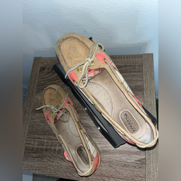 Sperry Topsider Hardback Tan Leather Pink/Plaid Preppy Boat Shoes Women's 9.5M - Picture 6 of 16